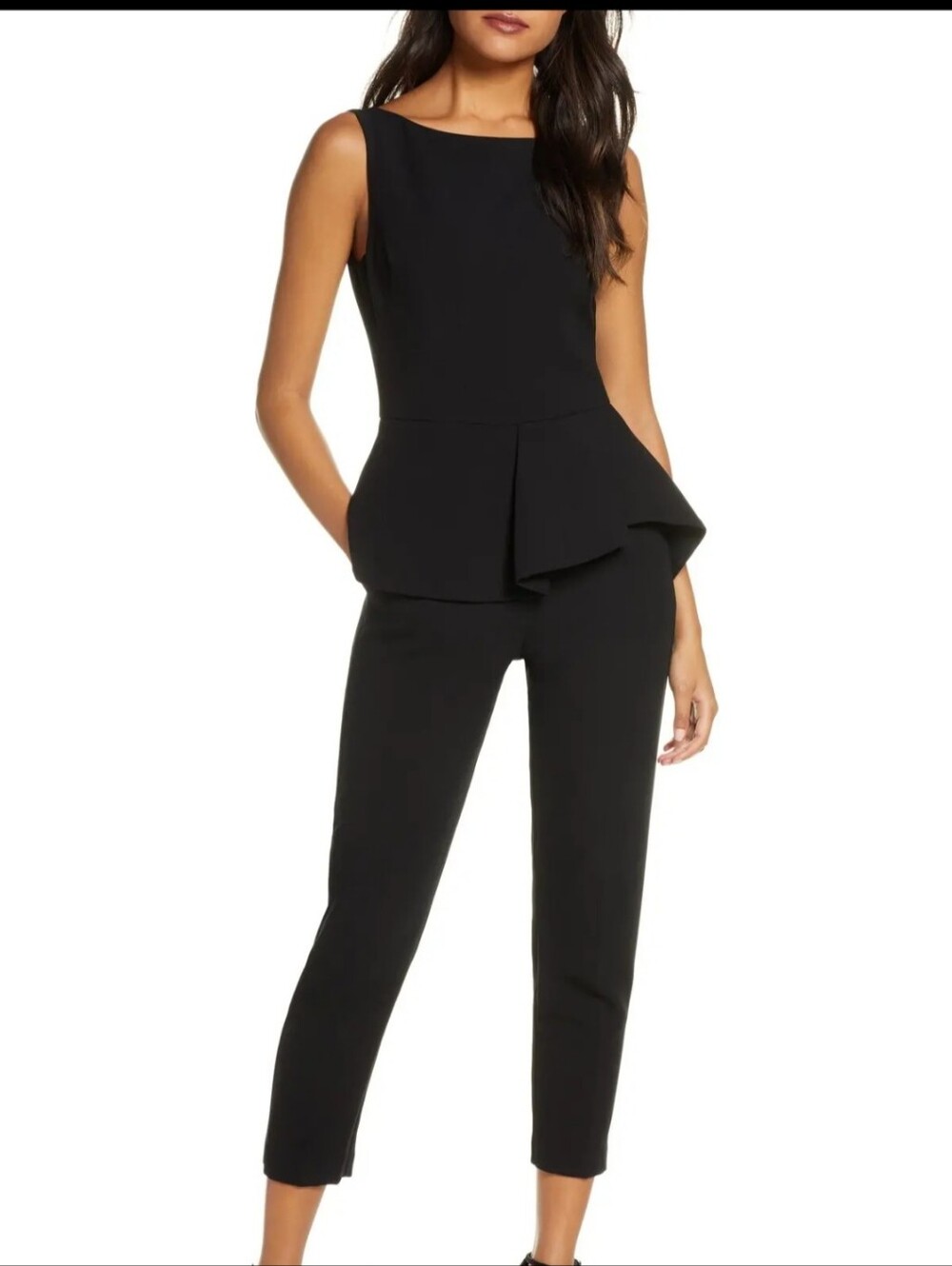 Black Halo Black Sleeveless Peplum Jumpsuit - Cropped Ankle